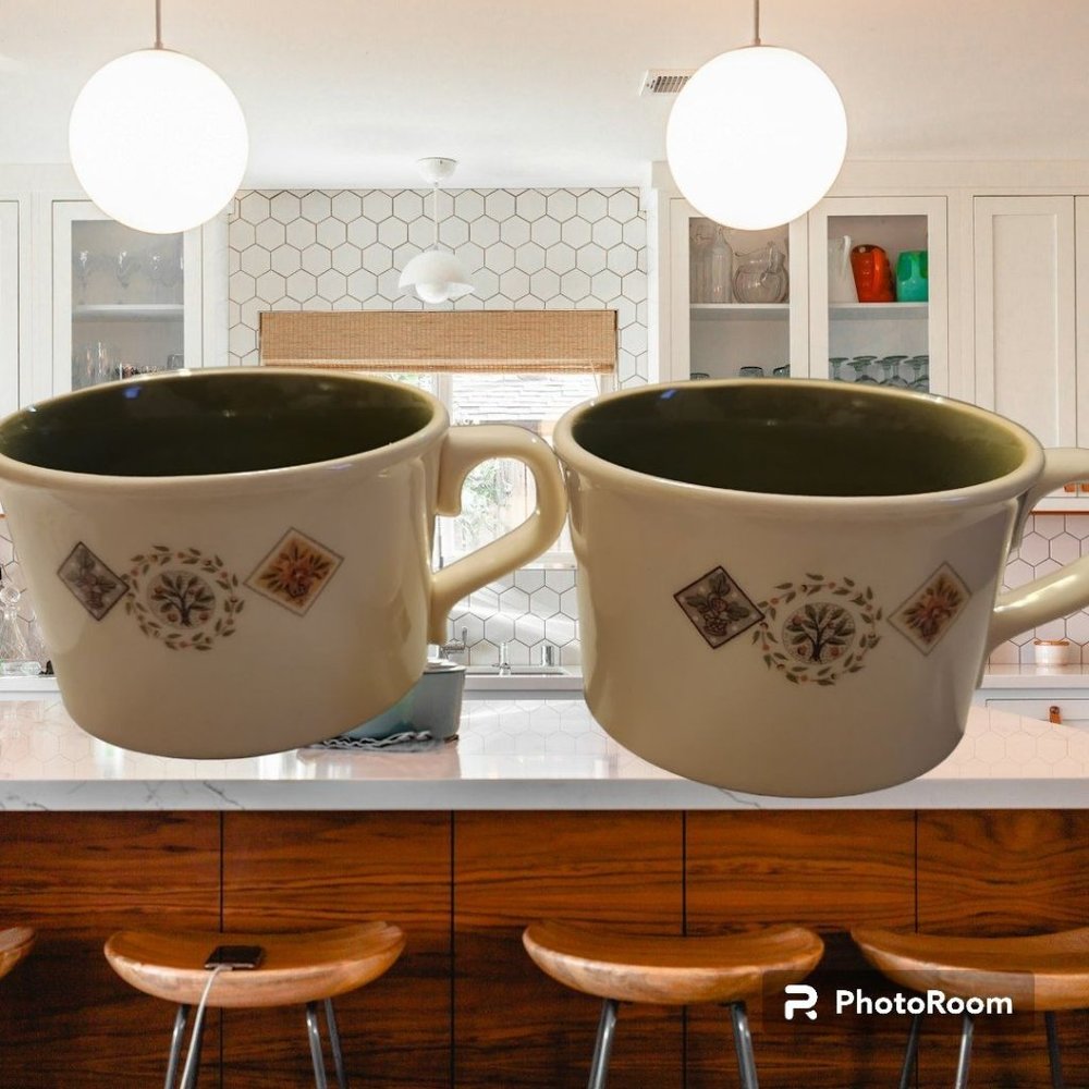 Vntg MCM Retro Taylor Smith Taylor Brocatelle Flat Coffee Cups Mugs Olive Green